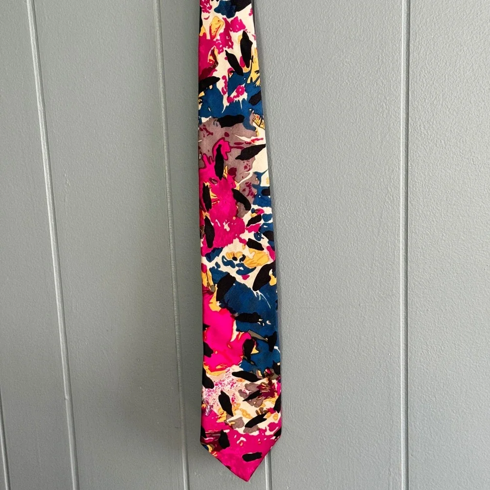 Hardy Amies Savile Row Silk Tie Vintage 80s Abstract Floral Pink Blue Gold Black